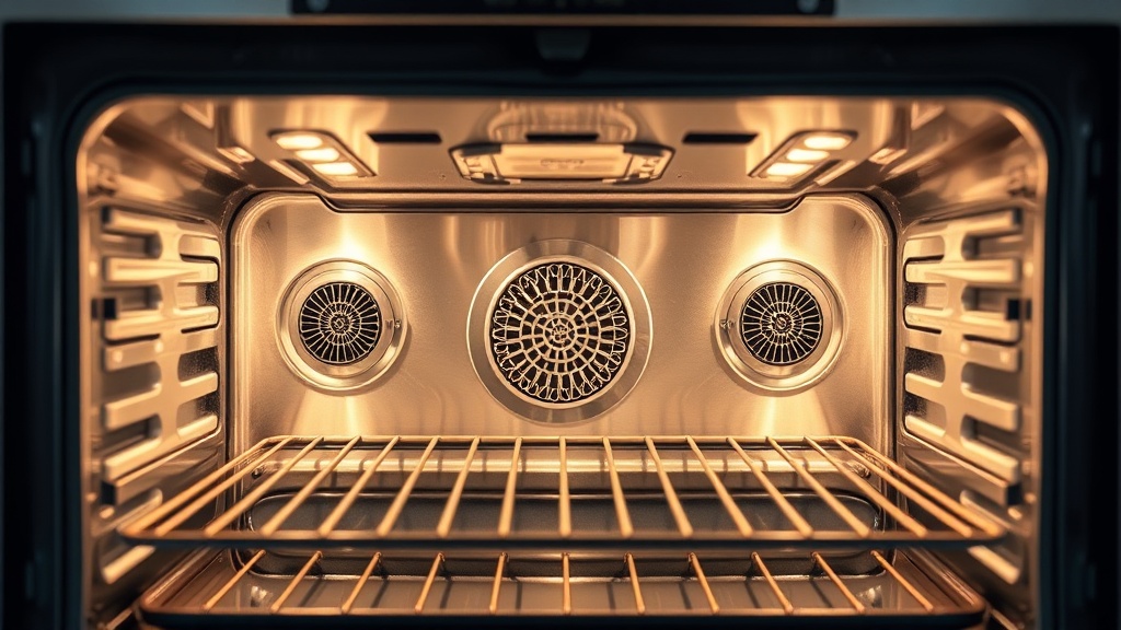 오븐 내부의 열선과 컨벡션 팬이 보이는 현대적인 주방 가전의 모습