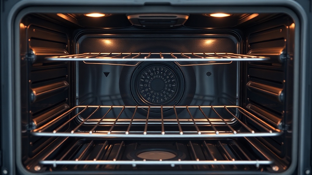 오븐 내부의 선반 구조와 열 순환 공간을 보여주는 넓은 내부 전경