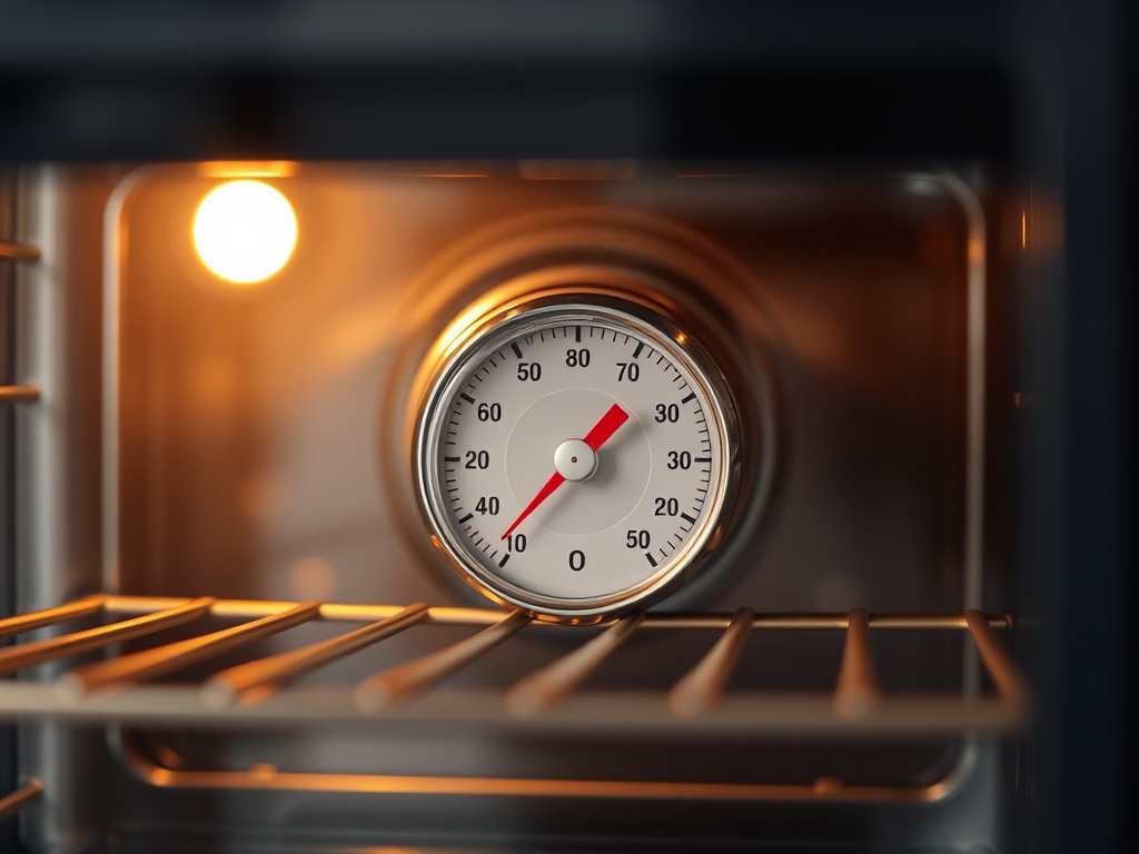오븐 내부의 온도를 정확히 파악하기 위해 아날로그 오븐 온도계를 넣고 유리를 통해 확인하는 모습